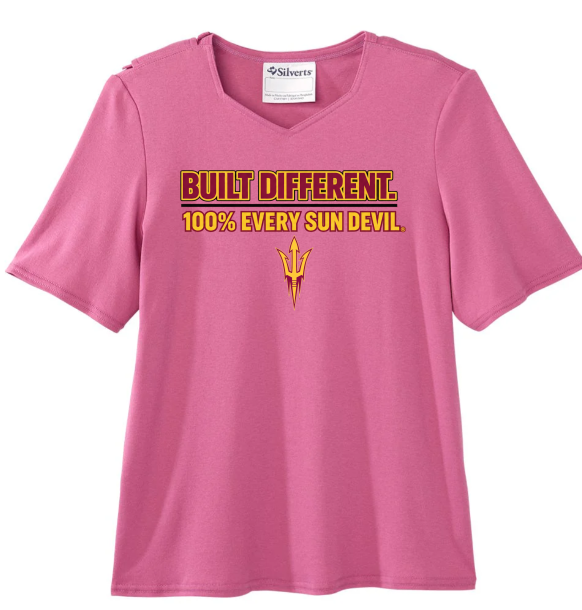 Pink T-shirt with “Built Different” text and a yellow Arizona State Sun Devils logo