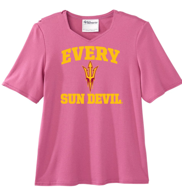 Pink T-shirt with gold “EVERY SUN DEVIL” text and a pitchfork logo