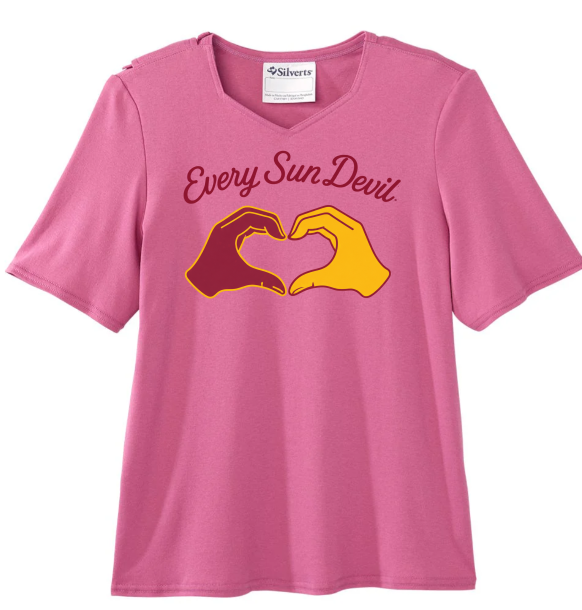 Pink T-shirt with “Every Sun Devil” text and two hands forming a heart in maroon and gold