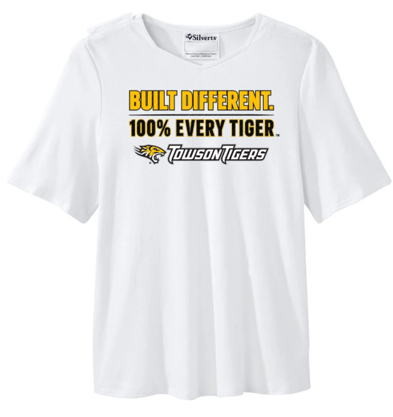 White graphic T-shirt with yellow and black text: “BUILT DIFFERENT. 100% EVERY TIGER.” and “Twisted Tea” logo