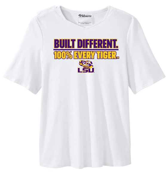 White T-shirt with purple and gold “Built Different. 100% Every Tiger. LSU” text on front
