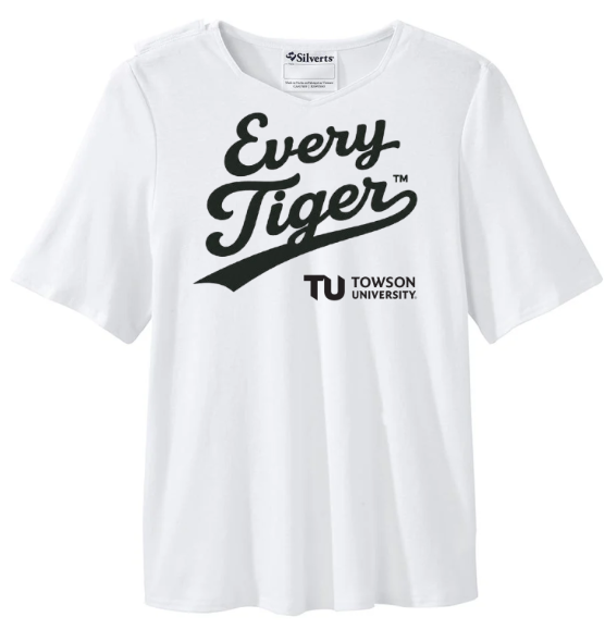 White T-shirt with “Every Tiger” and Towson University logo printed on the front