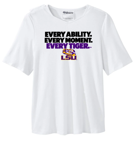 White LSU T-shirt with bold black and purple "Every Ability. Every Moment. Every Tiger." text and LSU logo