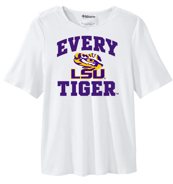 White T-shirt with purple “EVERY LSU TIGER” text and LSU tiger logo centered on the chest
