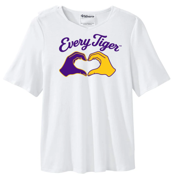 White T-shirt with purple and gold “Every Tiger” text and heart-shaped hands logo