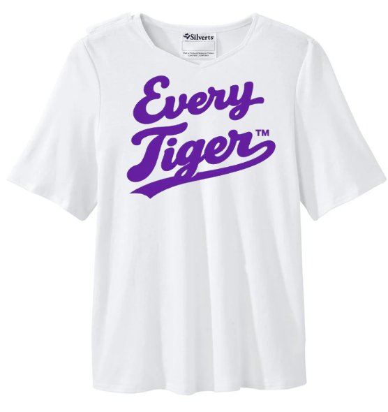 White T-shirt with purple “Every Tiger” logo text