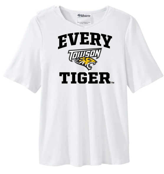 White T-shirt with bold black “EVERY TIGER” text and Towson Tigers logo on the chest