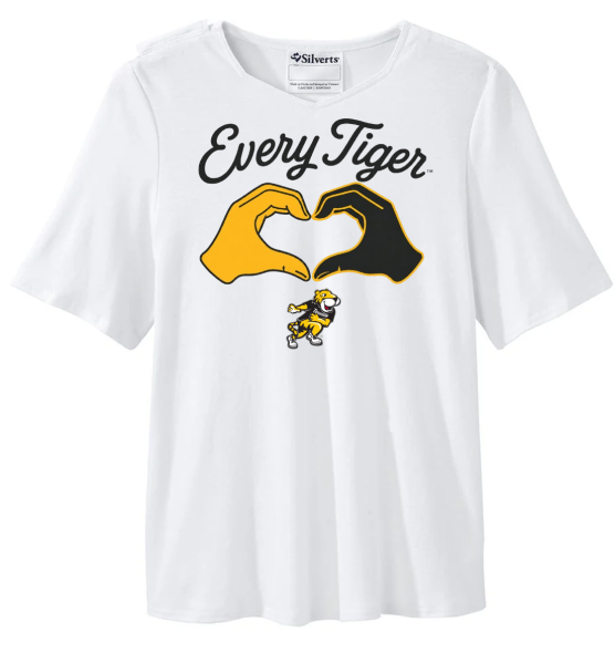 White T-shirt with “Every Tiger” text and a tiger-themed yellow and black hand graphic