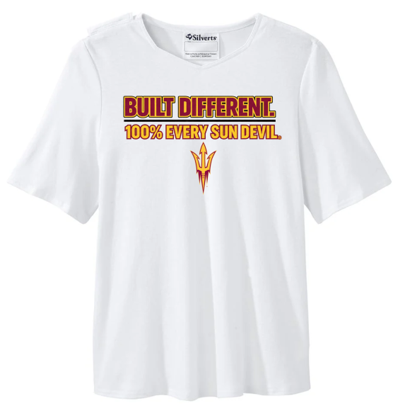 White T-shirt with orange and red “Built Different. 100% Every Sun Devil” graphic on the chest