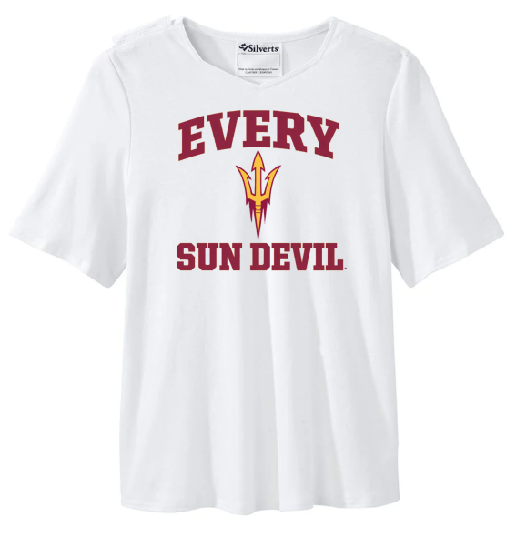 White T-shirt with maroon “EVERY SUN DEVIL” text and a gold trident logo centered on the chest