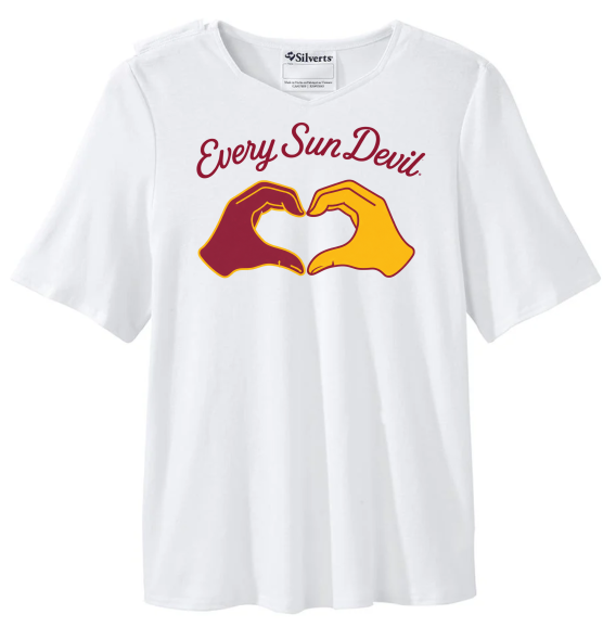 White T-shirt with "Every Sun Deu" text and two hands forming a heart in maroon and gold