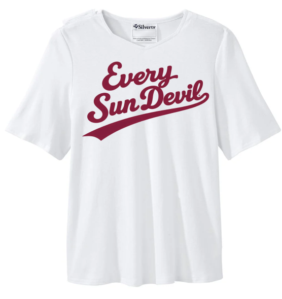 White T-shirt with maroon “Every Sun Devil” script logo on the front