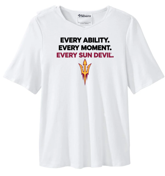 White T-shirt with bold text “EVERY ABILITY. EVERY MOMENT. EVERY SUN DEVIL.” and a Sun Devil logo