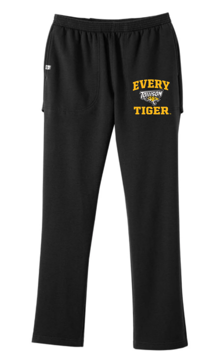 Black sweatpants with a yellow “Every Tiger” graphic on the upper left leg.