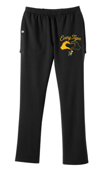 Black sweatpants with yellow graphic text and a flexed arm design on the right thigh.