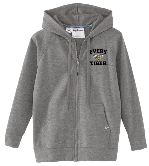 Gray zip-up hoodie with hood and “Every Tiger” logo on the chest.