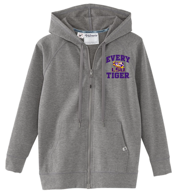 Gray zip-up hoodie with purple and gold “Every Little Tiger” text on the chest.