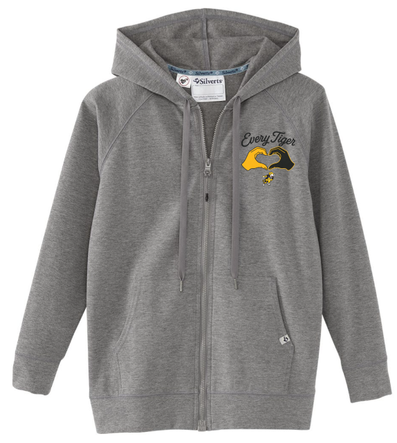 Gray zip-up hoodie with hood, drawstrings, and a small yellow-and-black chest logo.
