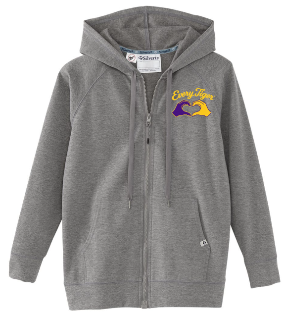 Gray zip-up hoodie with purple and yellow logo on the left chest