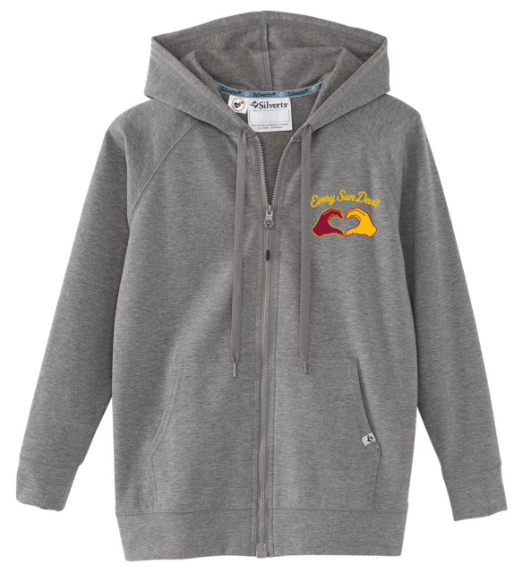 Gray zip-up hoodie with a small colorful chest logo and drawstring hood