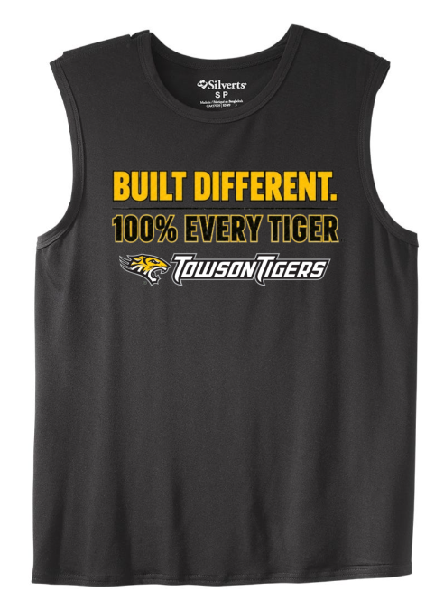 Black sleeveless shirt with yellow text: “BUILT DIFFERENT. 100% EVERY TIGER” and Towson Tigers logo