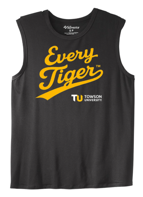 Black sleeveless shirt with yellow “Every Tiger” text and Towson University logo