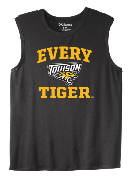 Black sleeveless Towson Tigers shirt with “EVERY TIGER” in yellow and the Towson logo in the center
