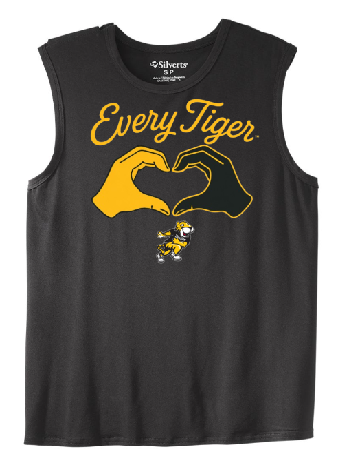 Black sleeveless shirt with yellow “Every Tiger” text and heart-shaped tiger paw graphic