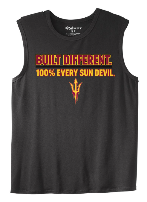 Black sleeveless graphic tank top with red and yellow “BUILT DIFFERENT. 100% EVERY SUN DEVIL.” text and pitchfork logo