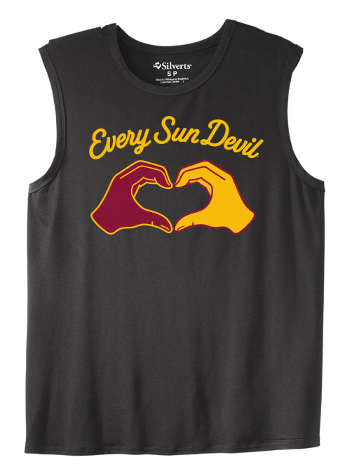 Black sleeveless shirt with yellow “Every Sun Devil” text and red-orange heart-hands graphic