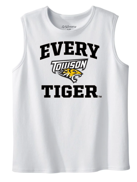 White sleeveless shirt with “EVERY TIGER” and Towson Tigers logo printed in black and gold