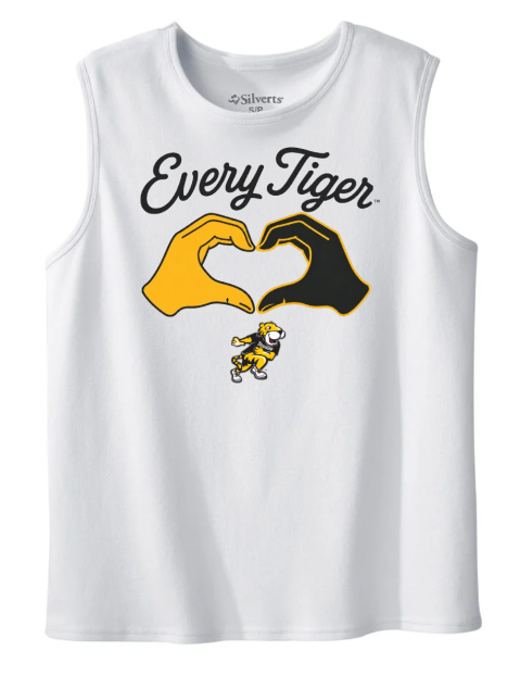 White sleeveless shirt with “Every Tiger” text and yellow-black hand heart graphic on the front