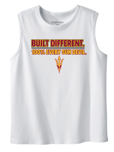 White sleeveless shirt with “BUILT DIFFERENT. 100% EVERY SUN DEVIL.” and a maroon-gold pitchfork logo