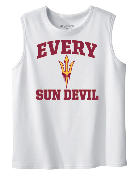 White sleeveless shirt with “EVERY SUN DEVIL” in maroon and gold logo centered below text
