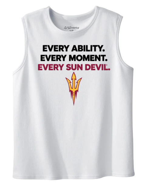 White sleeveless shirt with “EVERY ABILITY. EVERY MOMENT. EVERY SUN DEVIL.” and a trident logo in black and maroon.