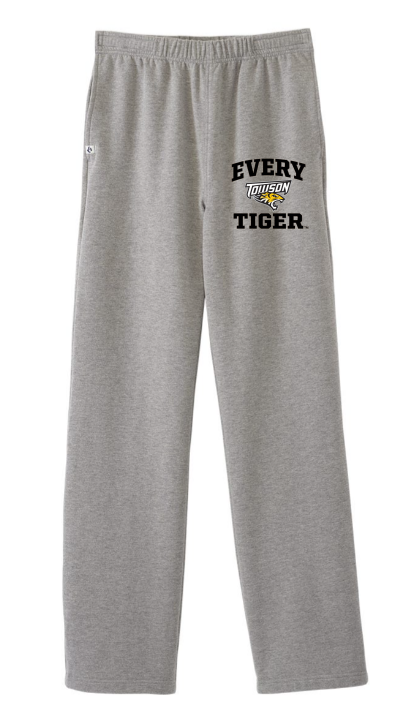 Gray sweatpants with “EVERY TIGER” graphic on the left leg, shown on a white background