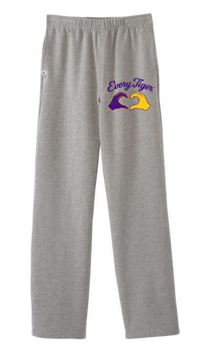 Gray sweatpants with a purple and yellow embroidered logo on the left thigh.