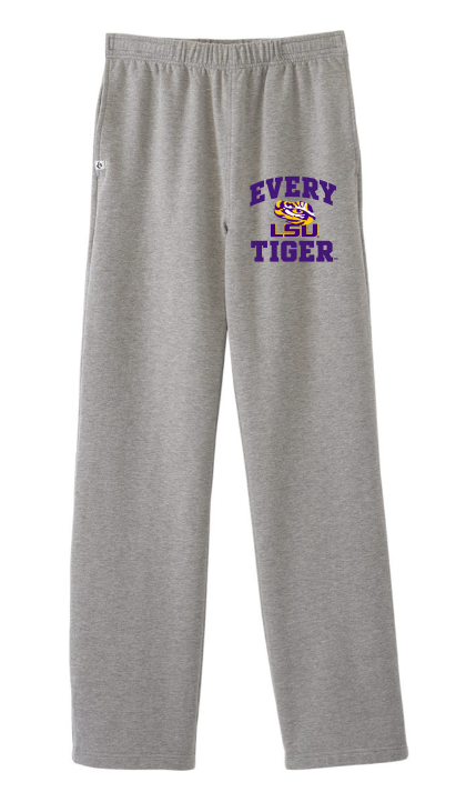 Gray sweatpants with a purple and gold “EVERY TIGER” graphic on the left thigh