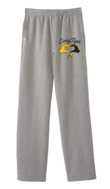 Gray sweatpants with an embroidered yellow-and-black graphic on the upper left leg