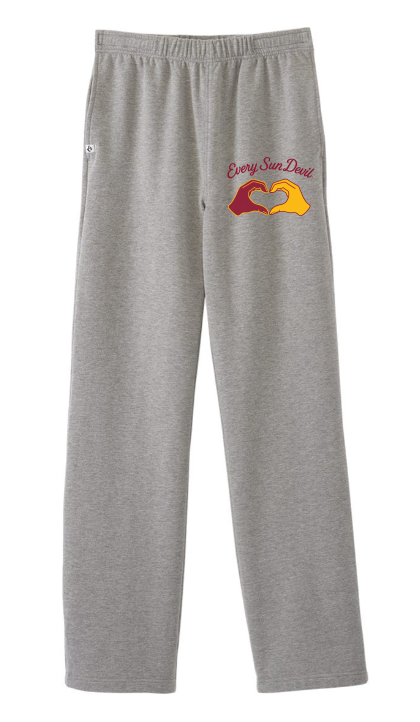 Gray sweatpants with a small red and yellow graphic on the upper left leg