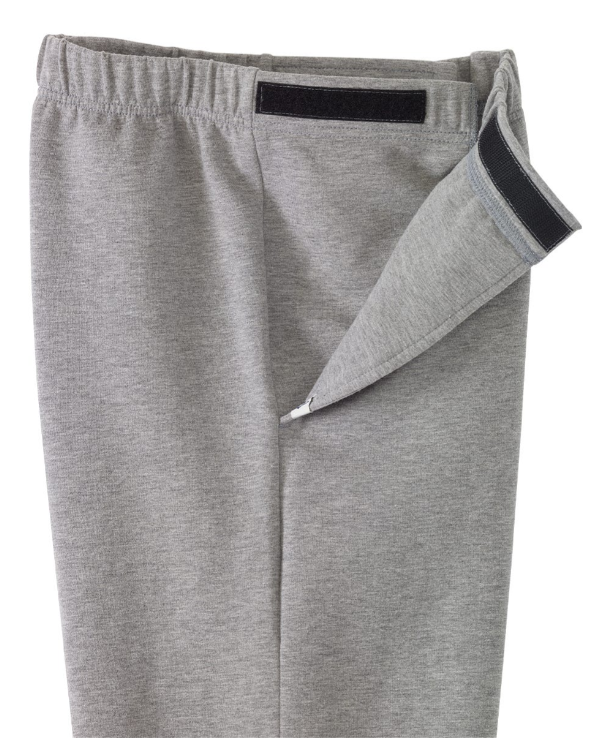 Gray sweatpants with a small red and yellow graphic on the upper left leg