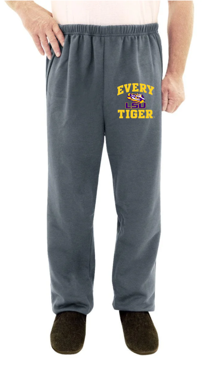 Gray sweatpants with “EVERY TIGER” text on the left leg, worn with dark shoes.