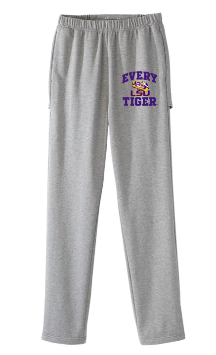 Gray sweatpants with "EVERY TIGER" printed in purple on the upper left leg.