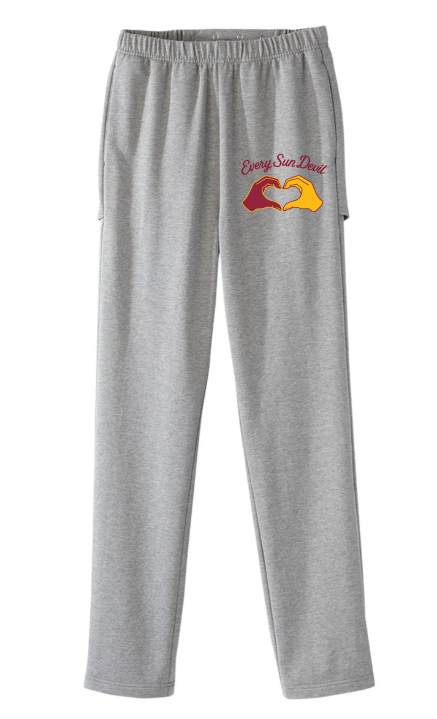 Gray sweatpants with elastic waist and a colorful graphic on the left thigh