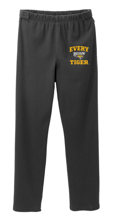 Black sweatpants with yellow “EVERY TIGER” text on the upper left leg.
