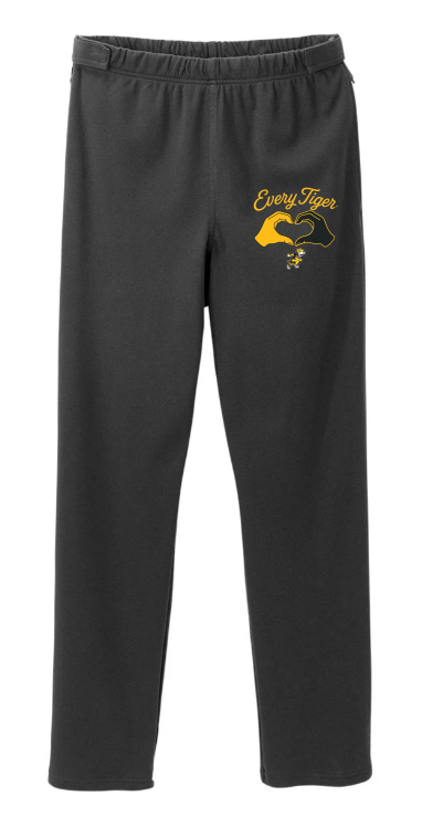 Black sweatpants with a yellow graphic on the upper left leg