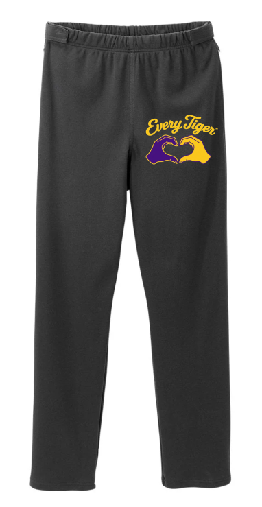 Black sweatpants with a yellow-and-purple logo on the left thigh