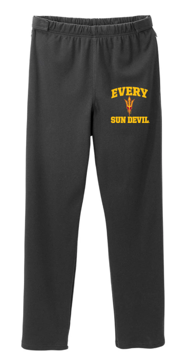Black sweatpants with yellow “EVERY SUN DEVIL” text on the left leg