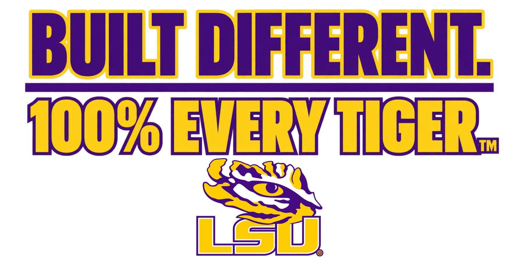 LSU slogan graphic reading “Built Different. 100% Every Tiger.” in purple and gold.
