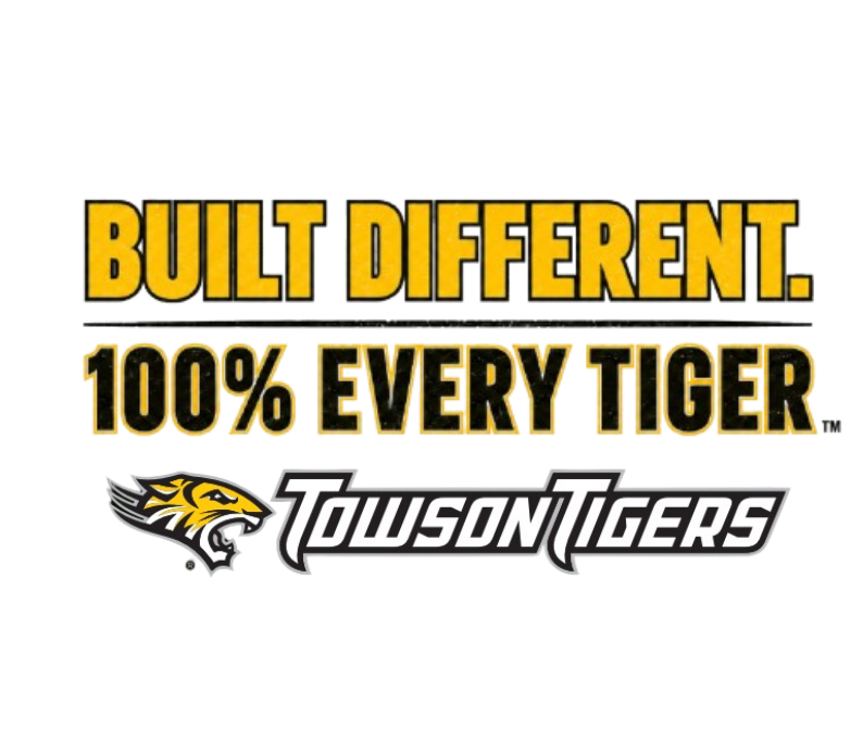 Towson Tigers logo with “BUILT DIFFERENT. 100% EVERY TIGER.” in bold yellow and black text